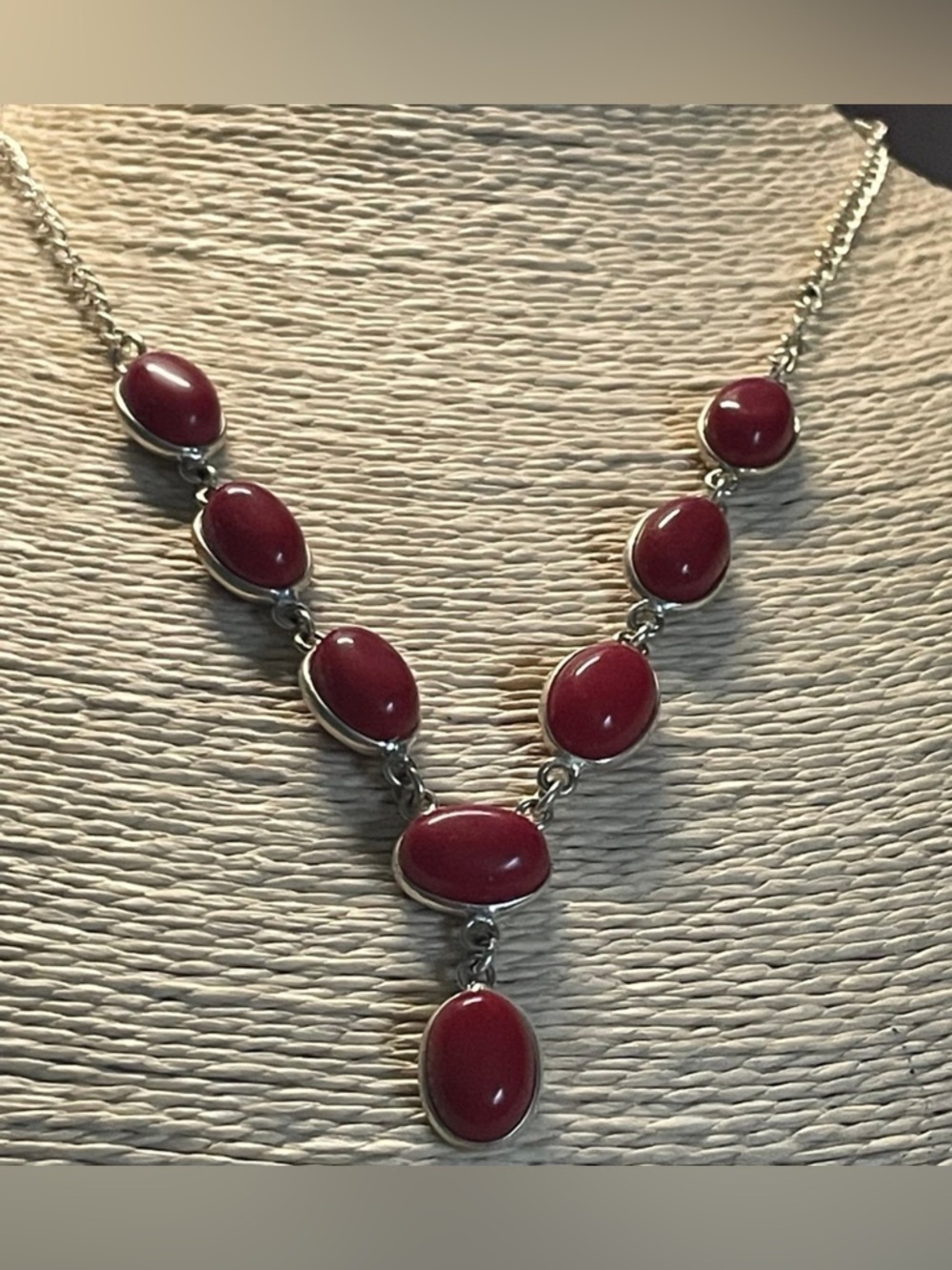 925 Coral Red Cabochon Statement Necklace Silver Tone 21” Vintage Style